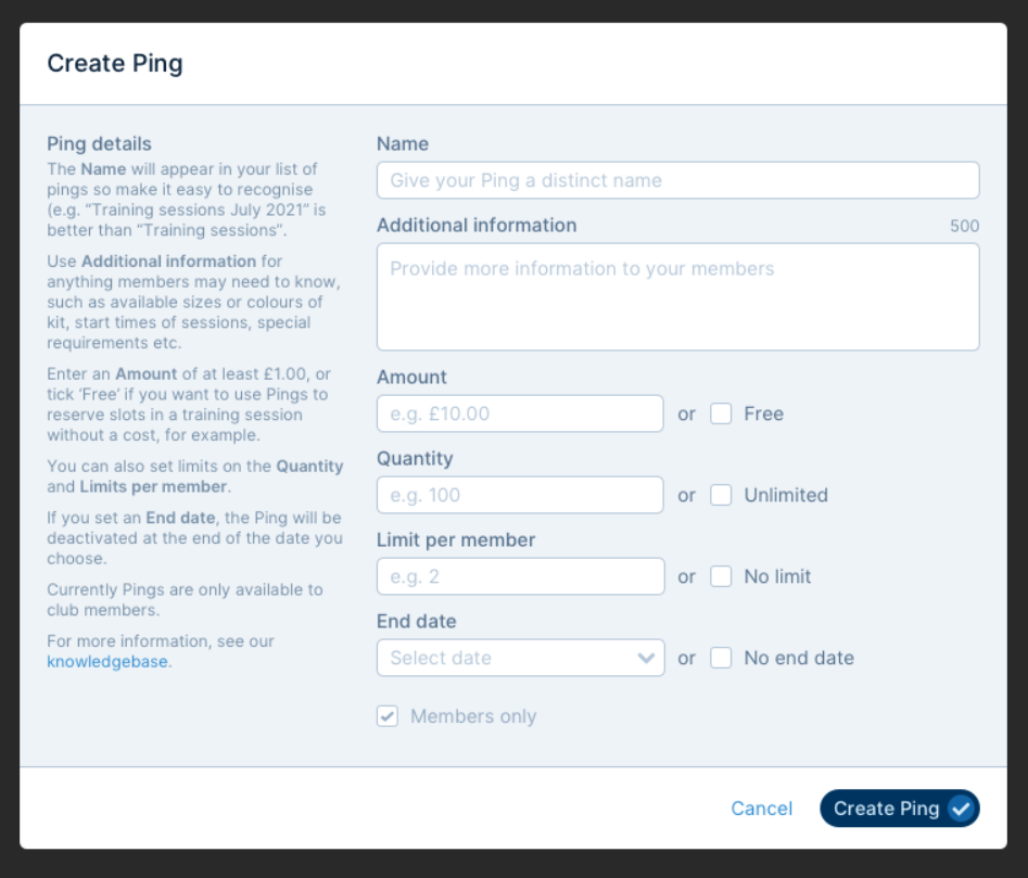 Screenshot of the Create Ping form in Payzip