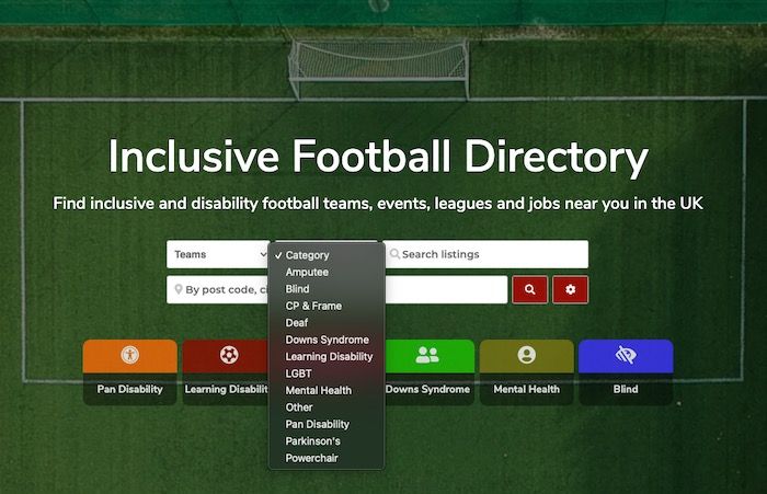 Screenshot of "Inclusive.Football" website showing a search category list containing amputee, blind, CP & frame, dead, Down's Syndrome, Learning Disability, LGBT, Mental Health, Pan Disability, Parkinson's, Powerchair, and Other.