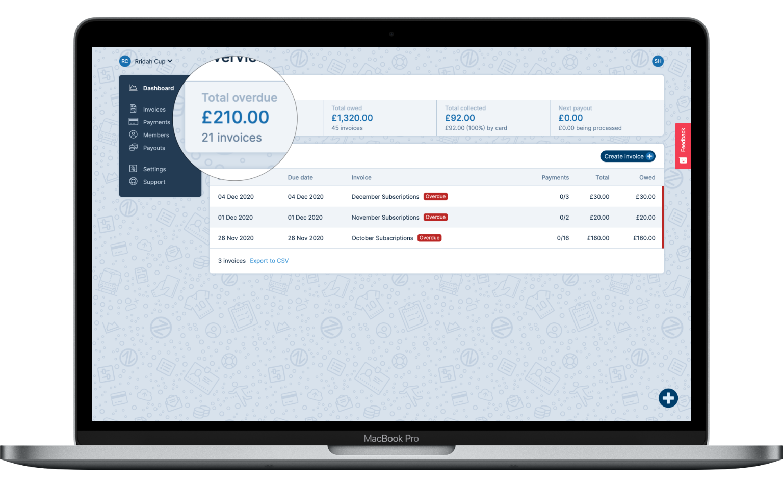 Payzip dashboard showing £210 overdue over 21 member invoices